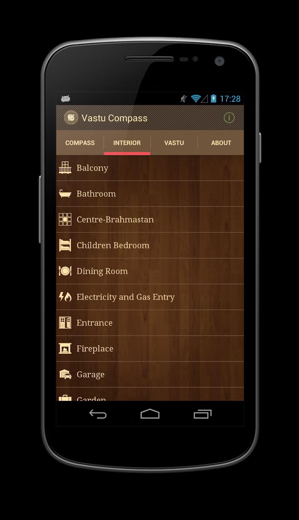 Vastu Compass screenshot, room selection
